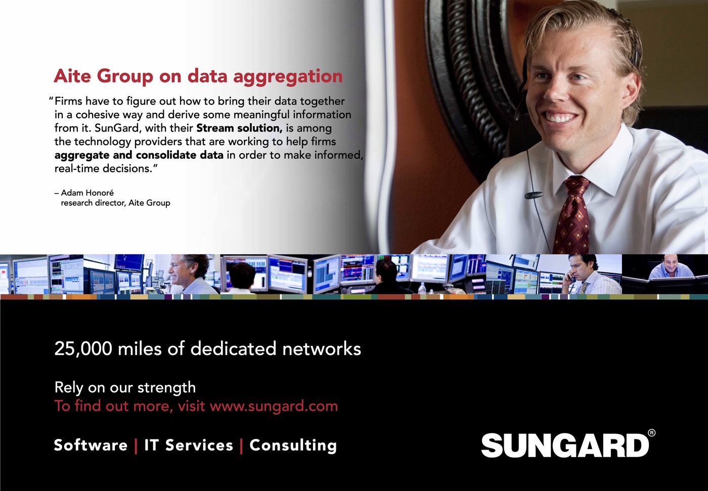 SunGard airport advertisement quoting Adam Honoré, research director at Aite Group, on data aggregation